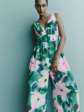 Zara Green & Pink Floral V-Neck Wide-Leg Jumpsuit